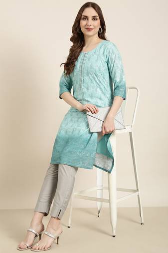 women's knee length round neck sea green floral straight kurta