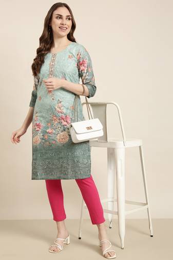women's knee length round neck green floral straight kurta