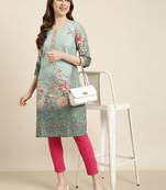 women's knee length round neck green floral straight kurta