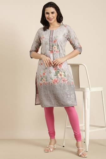 women's knee length round neck grey floral straight kurta