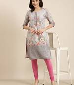 women's knee length round neck grey floral straight kurta