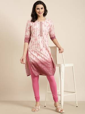women's knee length round neck pink floral straight kurta 1