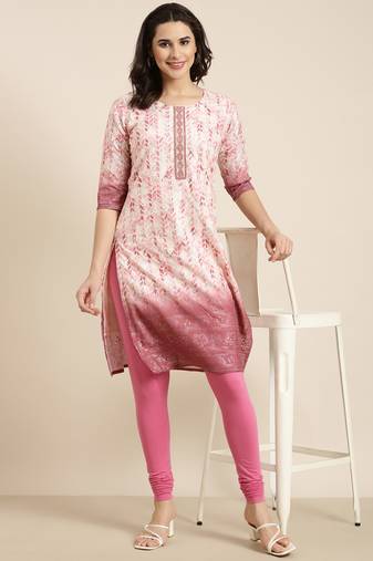 women's knee length round neck pink floral straight kurta