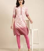 women's knee length round neck pink floral straight kurta