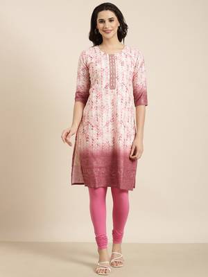 women's knee length round neck pink floral straight kurta 2