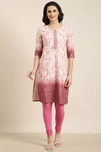 women's knee length round neck pink floral straight kurta