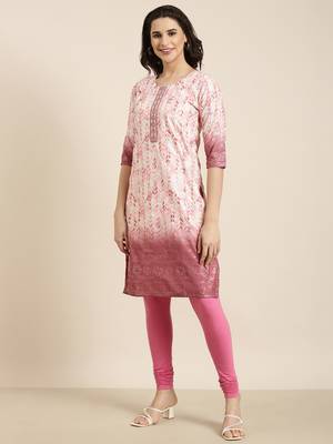women's knee length round neck pink floral straight kurta 3