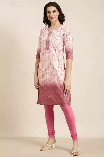 women's knee length round neck pink floral straight kurta
