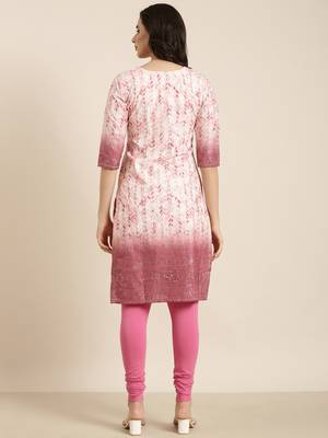 women's knee length round neck pink floral straight kurta 4