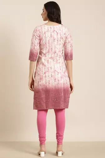women's knee length round neck pink floral straight kurta