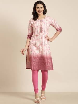 women's knee length round neck pink floral straight kurta 5
