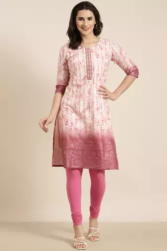 women's knee length round neck pink floral straight kurta