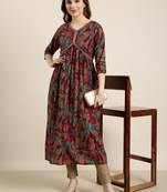 women's calf length v-neck maroon floral anarkali kurta