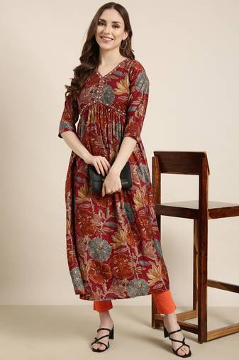 Showoff women's calf length v-neck rust floral anarkali kurta