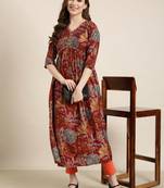 Showoff women's calf length v-neck rust floral anarkali kurta