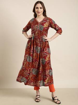 Showoff women's calf length v-neck rust floral anarkali kurta 2