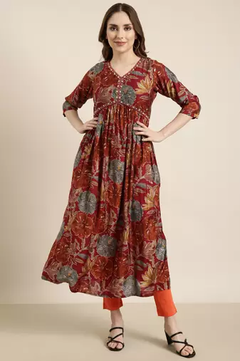 Showoff women's calf length v-neck rust floral anarkali kurta