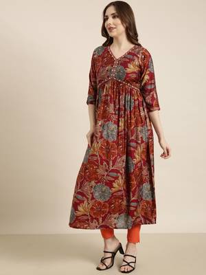 Showoff women's calf length v-neck rust floral anarkali kurta 3