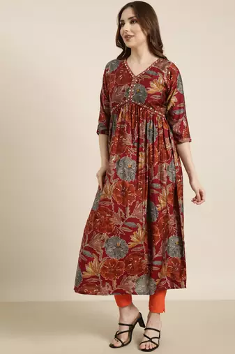 Showoff women's calf length v-neck rust floral anarkali kurta