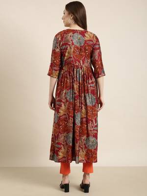 Showoff women's calf length v-neck rust floral anarkali kurta 4