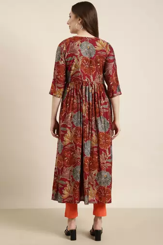 Showoff women's calf length v-neck rust floral anarkali kurta
