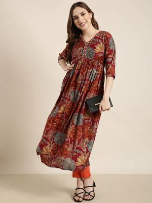 Showoff women's calf length v-neck rust floral anarkali kurta 5