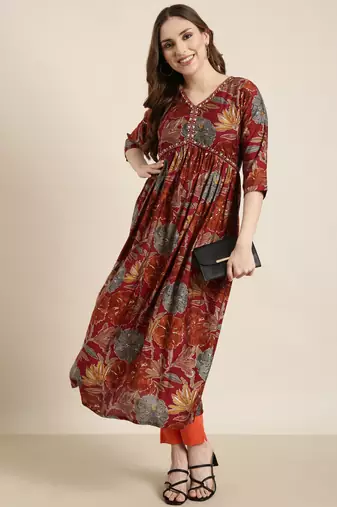 Showoff women's calf length v-neck rust floral anarkali kurta