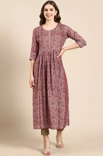 women's calf length scoop neck maroon ethnic motifs anarkali kurta