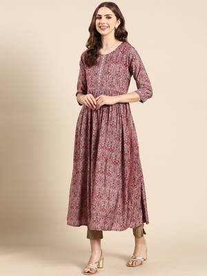 women's calf length scoop neck maroon ethnic motifs anarkali kurta 5