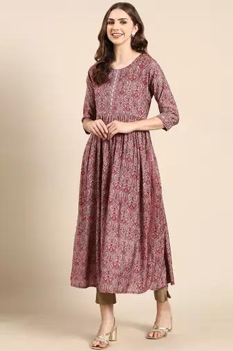 women's calf length scoop neck maroon ethnic motifs anarkali kurta