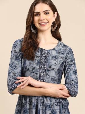women's calf length scoop neck navy blue floral anarkali kurta 1