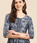 women's calf length scoop neck navy blue floral anarkali kurta