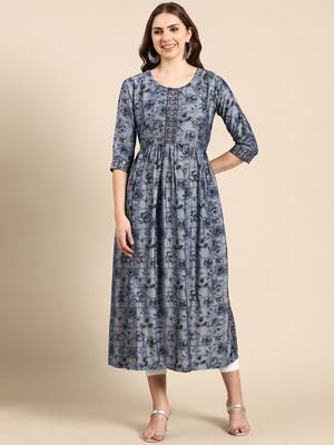 women's calf length scoop neck navy blue floral anarkali kurta 2