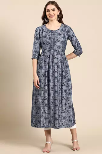 women's calf length scoop neck navy blue floral anarkali kurta