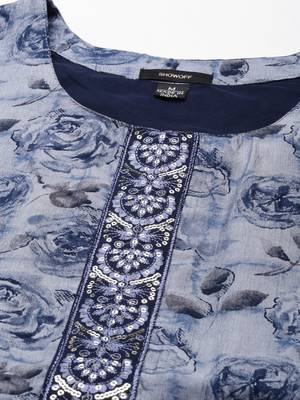 women's calf length scoop neck navy blue floral anarkali kurta 3