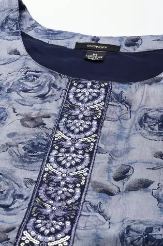 women's calf length scoop neck navy blue floral anarkali kurta
