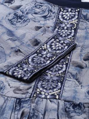 women's calf length scoop neck navy blue floral anarkali kurta 4