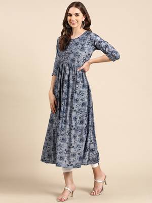 women's calf length scoop neck navy blue floral anarkali kurta 5