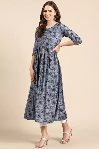 women's calf length scoop neck navy blue floral anarkali kurta