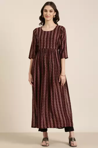 women's ankle length round neck burgundy geometric straight kurta