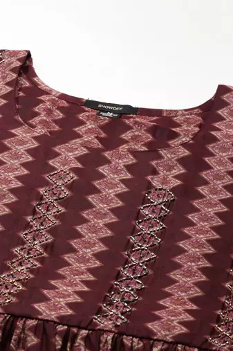 women's ankle length round neck burgundy geometric straight kurta