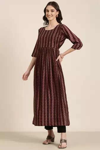 women's ankle length round neck burgundy geometric straight kurta