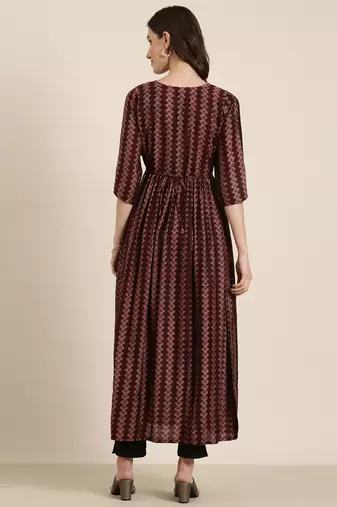 women's ankle length round neck burgundy geometric straight kurta