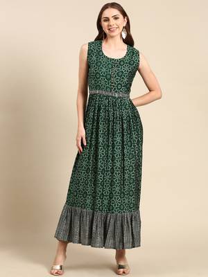 women's ankle length scoop neck green bandhani anarkali kurta 2