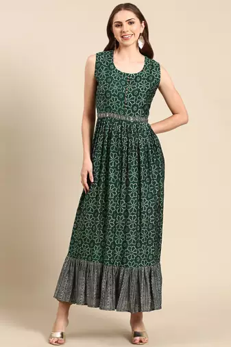women's ankle length scoop neck green bandhani anarkali kurta