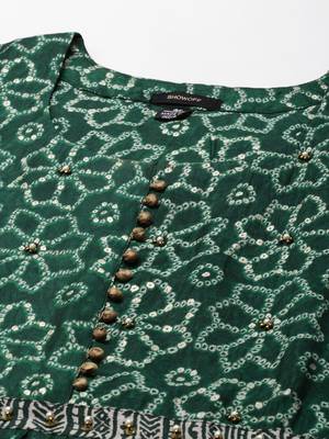 women's ankle length scoop neck green bandhani anarkali kurta 3