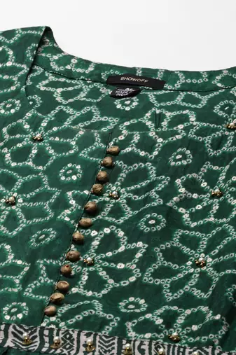 women's ankle length scoop neck green bandhani anarkali kurta