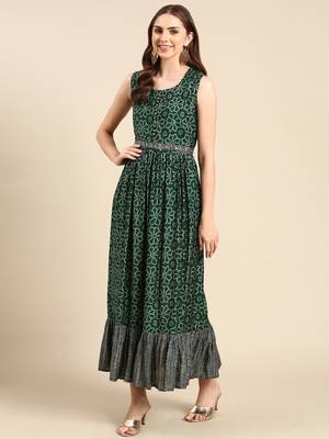 women's ankle length scoop neck green bandhani anarkali kurta 4