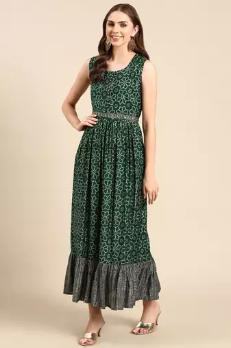 women's ankle length scoop neck green bandhani anarkali kurta