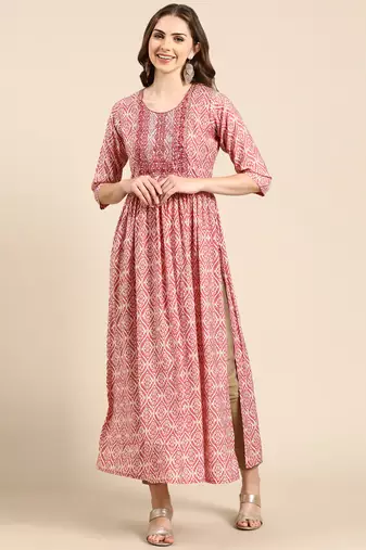 women's ankle length scoop neck mauve ethnic motifs anarkali kurta